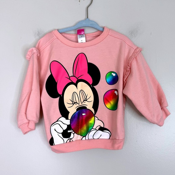 Disney Other - Disney Minnie Mouse Sweatshirt Girls 2T Pink Rainbow Bubble Ruffle Pullover